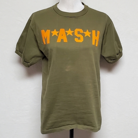 Rare Vintage 80s Russell Athletic MASH Olive Green Crewneck Unisex Ringer Tee M - Picture 4 of 14